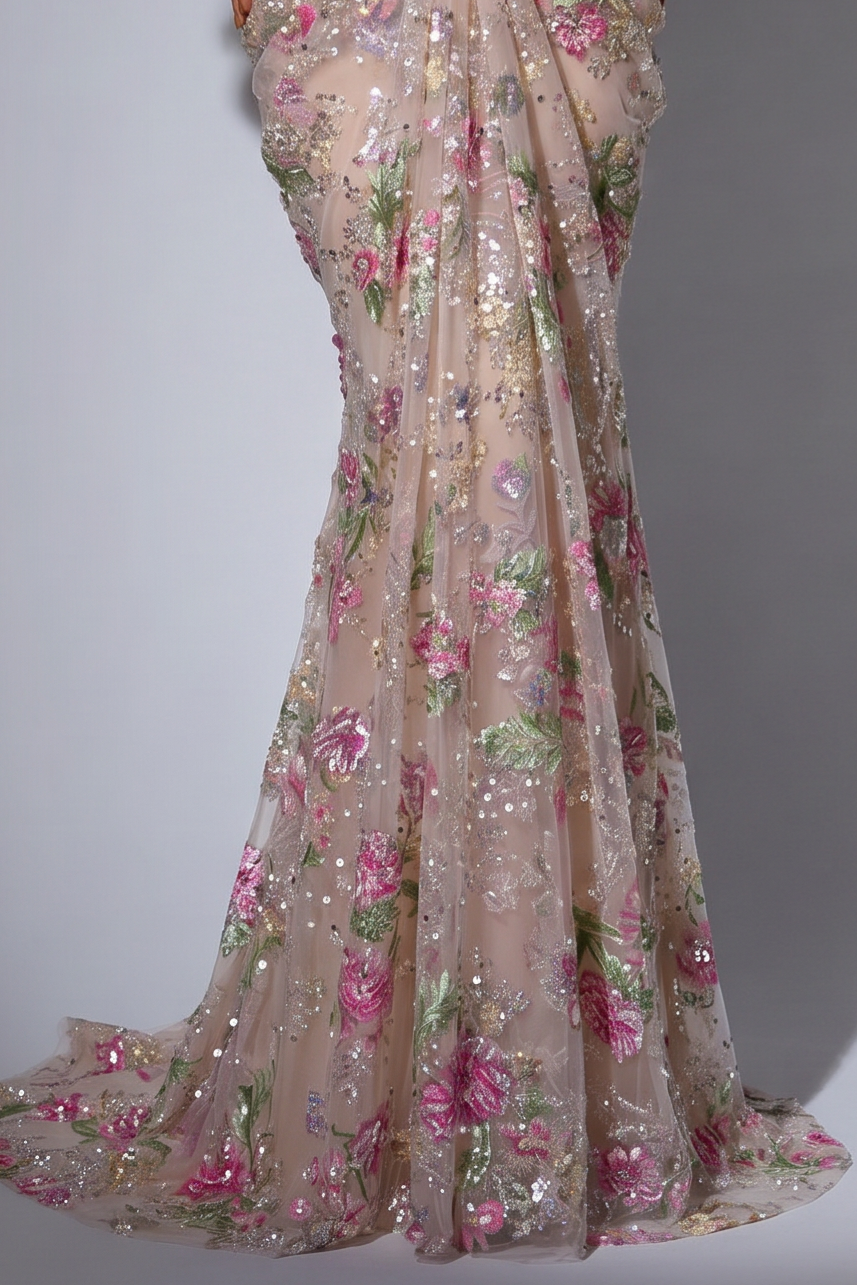 Blush Nude Off-the-Shoulder 3D Floral Embroidered Mermaid Gown with Puff Sleeves – Couture Evening Dress Plus Size