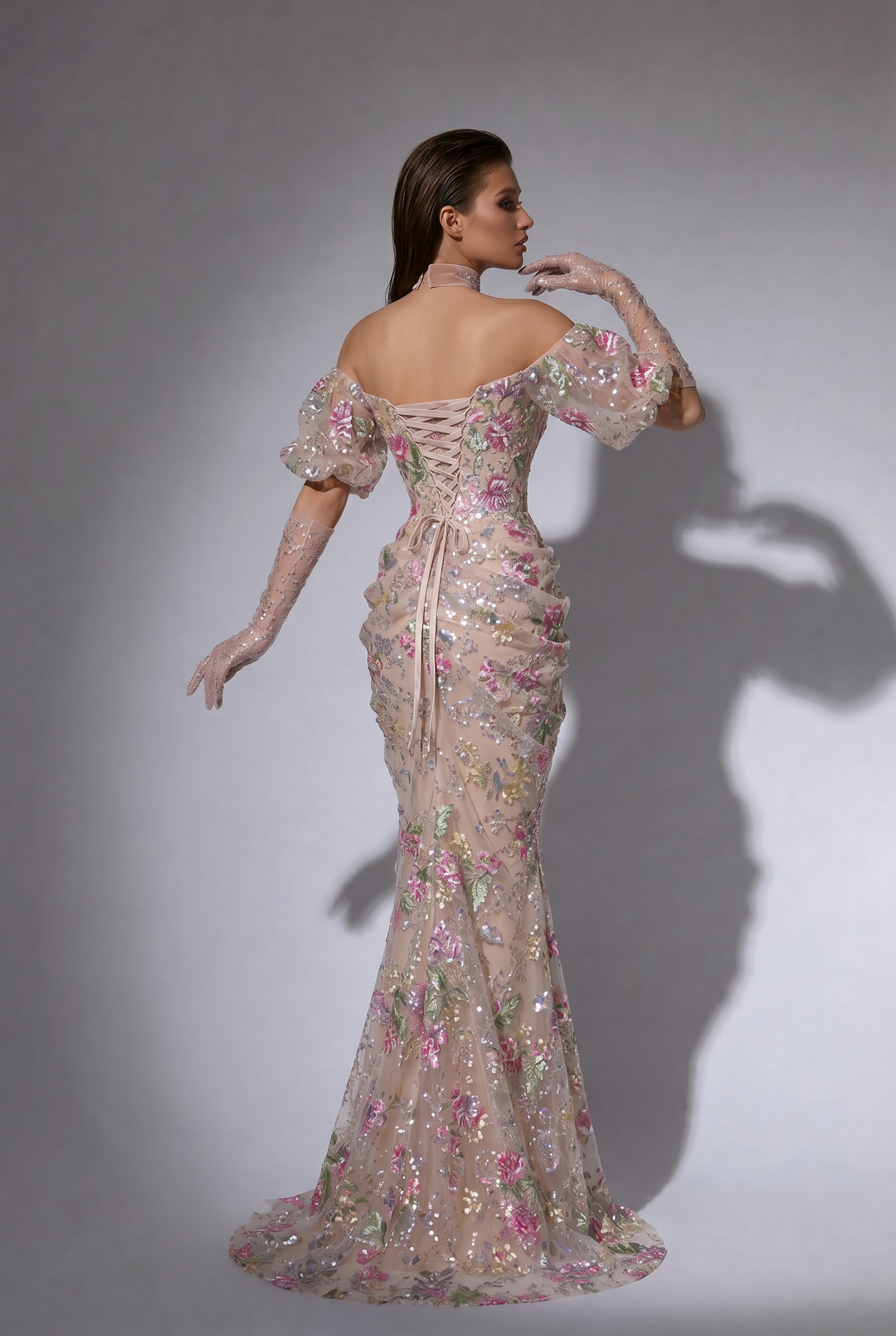 Blush Nude Off-the-Shoulder 3D Floral Embroidered Mermaid Gown with Puff Sleeves – Couture Evening Dress Plus Size