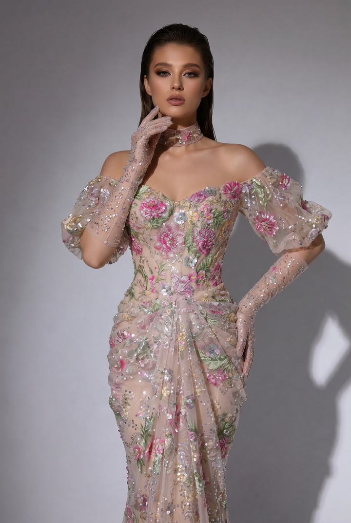 Blush Nude Off-the-Shoulder 3D Floral Embroidered Mermaid Gown with Puff Sleeves – Couture Evening Dress Plus Size