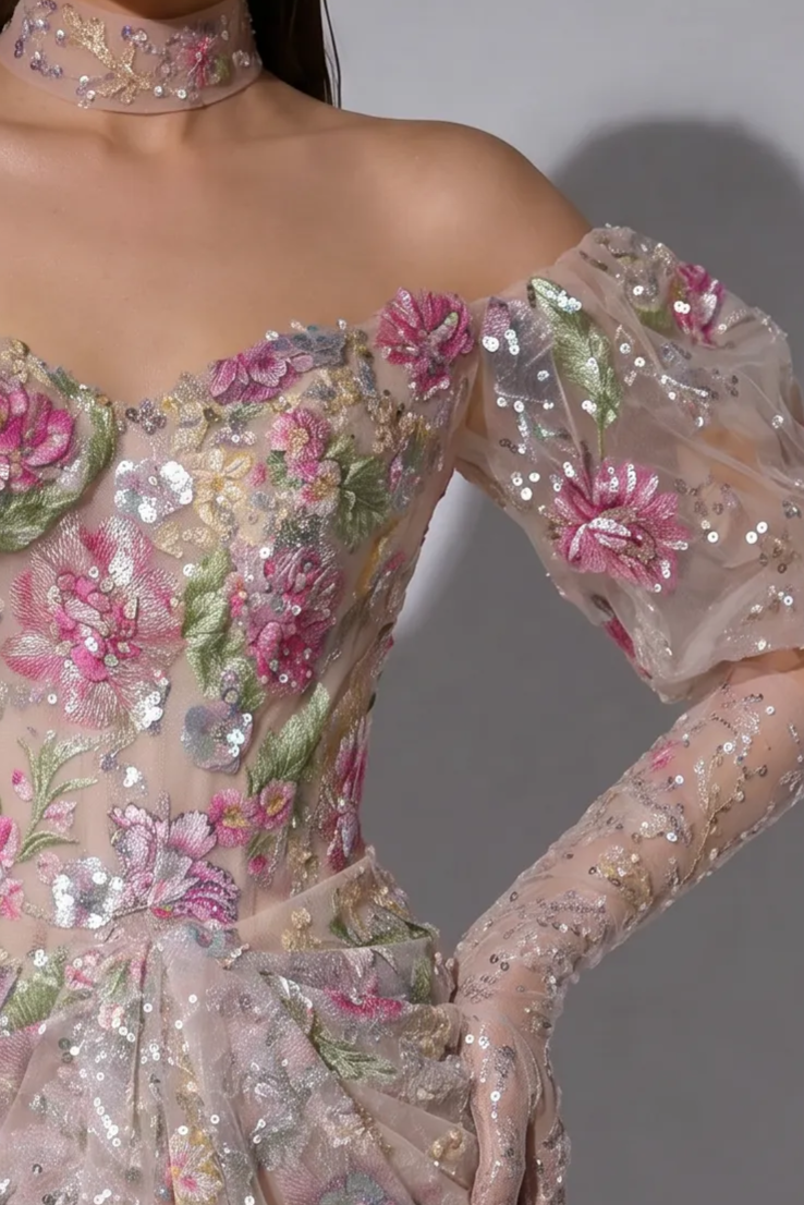Blush Nude Off-the-Shoulder 3D Floral Embroidered Mermaid Gown with Puff Sleeves – Couture Evening Dress Plus Size
