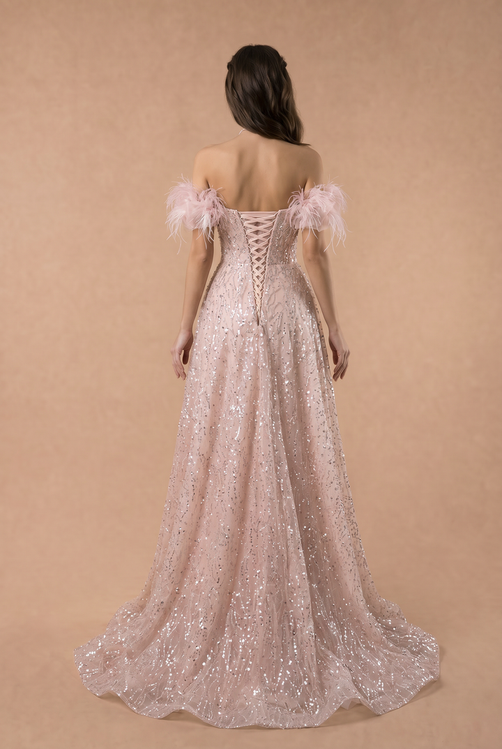 Blush Pink Evening Gown with Feathered Off-Shoulder Detail - Corset Back Wedding Dress with Sequin Plus Size