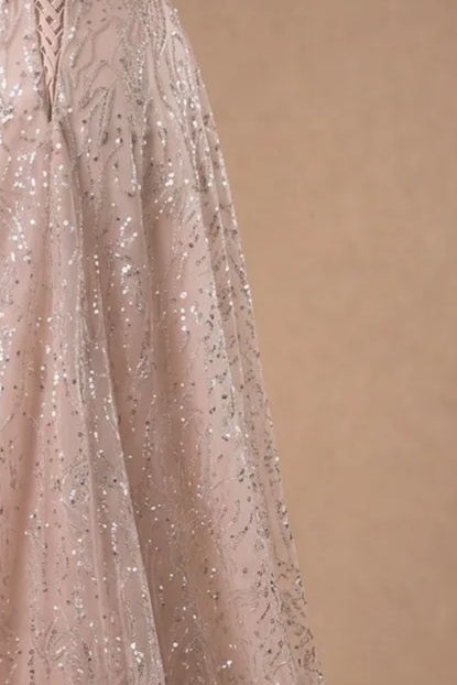 Blush Pink Evening Gown with Feathered Off-Shoulder Detail - Corset Back Wedding Dress with Sequin Plus Size