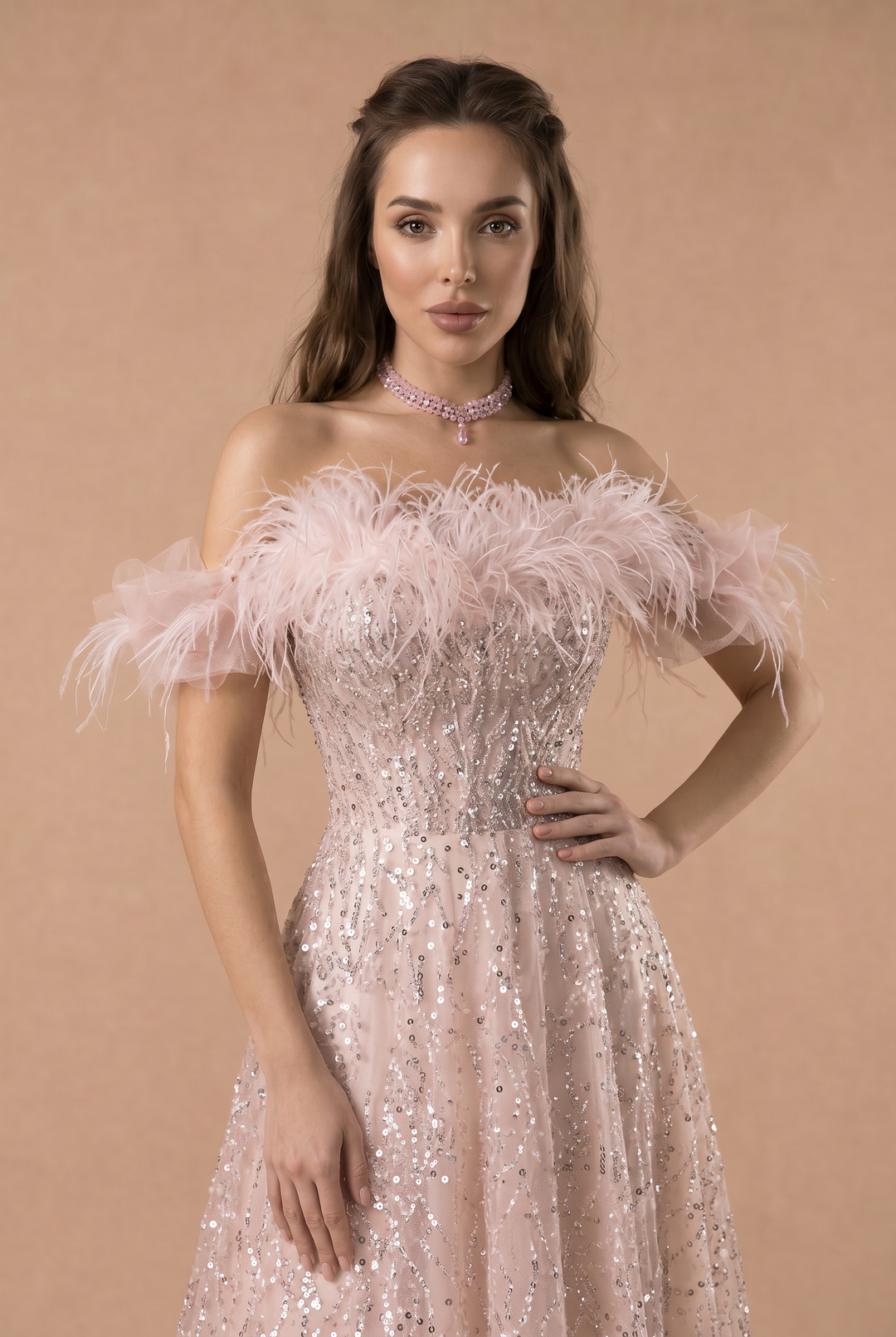 Blush Pink Evening Gown with Feathered Off-Shoulder Detail - Corset Back Wedding Dress with Sequin Plus Size