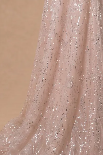 Blush Pink Evening Gown with Feathered Off-Shoulder Detail - Corset Back Wedding Dress with Sequin Plus Size