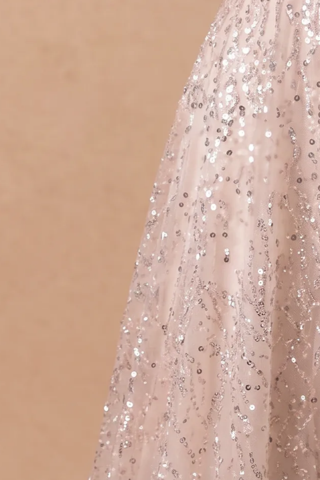 Blush Pink Evening Gown with Feathered Off-Shoulder Detail - Corset Back Wedding Dress with Sequin Plus Size