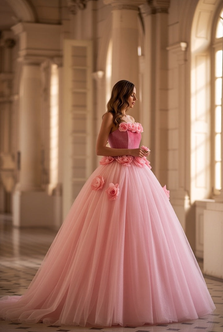 Blush Pink Floral Ball Gown with Strapless Corset Bodice Romantic Princess Tulle Evening Dress Fairytale Couture Formal Gown Plus Size