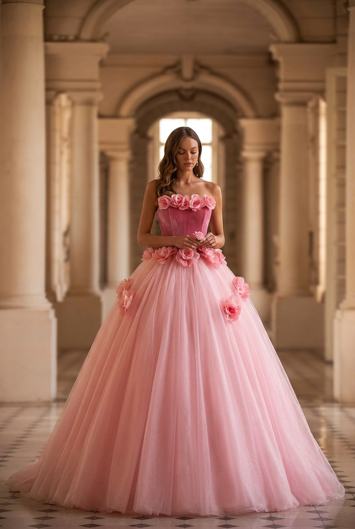 Blush Pink Floral Ball Gown with Strapless Corset Bodice Romantic Princess Tulle Evening Dress Fairytale Couture Formal Gown Plus Size