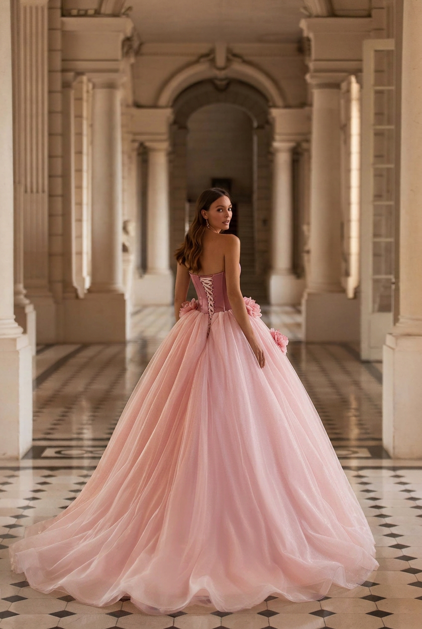 Blush Pink Floral Ball Gown with Strapless Corset Bodice Romantic Princess Tulle Evening Dress Fairytale Couture Formal Gown Plus Size