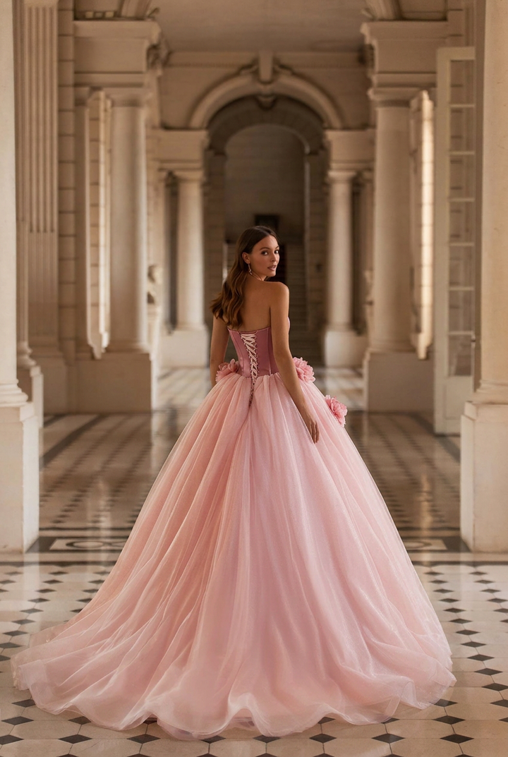 Blush Pink Floral Ball Gown with Strapless Corset Bodice Romantic Princess Tulle Evening Dress Fairytale Couture Formal Gown Plus Size