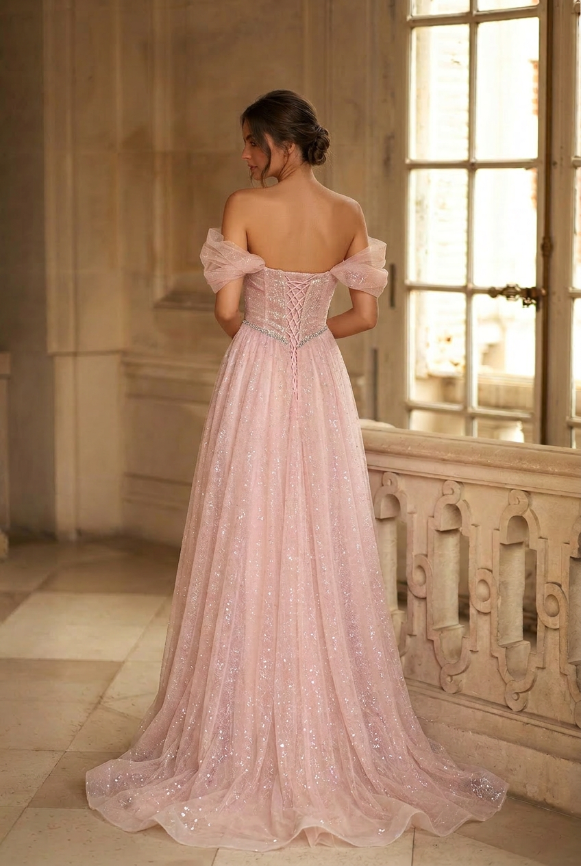 Blush Pink Glitter Tulle Evening Gown with Beaded Corset Bodice and Off-Shoulder Sleeves Romantic Princess Formal Dress Plus Size