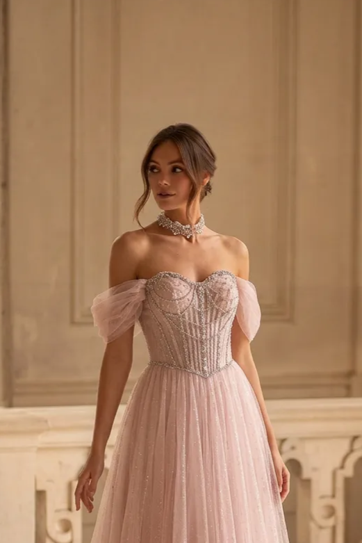 Blush Pink Glitter Tulle Evening Gown with Beaded Corset Bodice and Off-Shoulder Sleeves Romantic Princess Formal Dress Plus Size