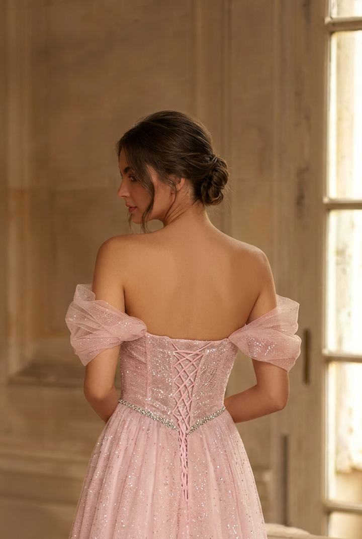 Blush Pink Glitter Tulle Evening Gown with Beaded Corset Bodice and Off-Shoulder Sleeves Romantic Princess Formal Dress Plus Size