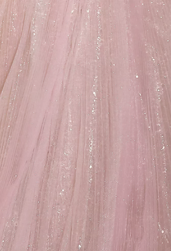 Blush Pink Glitter Tulle Evening Gown with Beaded Corset Bodice and Off-Shoulder Sleeves Romantic Princess Formal Dress Plus Size