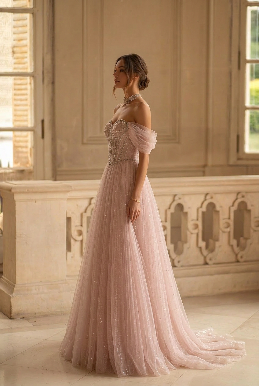 Blush Pink Glitter Tulle Evening Gown with Beaded Corset Bodice and Off-Shoulder Sleeves Romantic Princess Formal Dress Plus Size