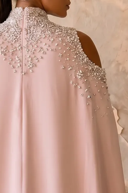 Blush Pink High Neck Mermaid Gown with Hand-Beaded Cape – Royal Couture Evening Dress Plus Size