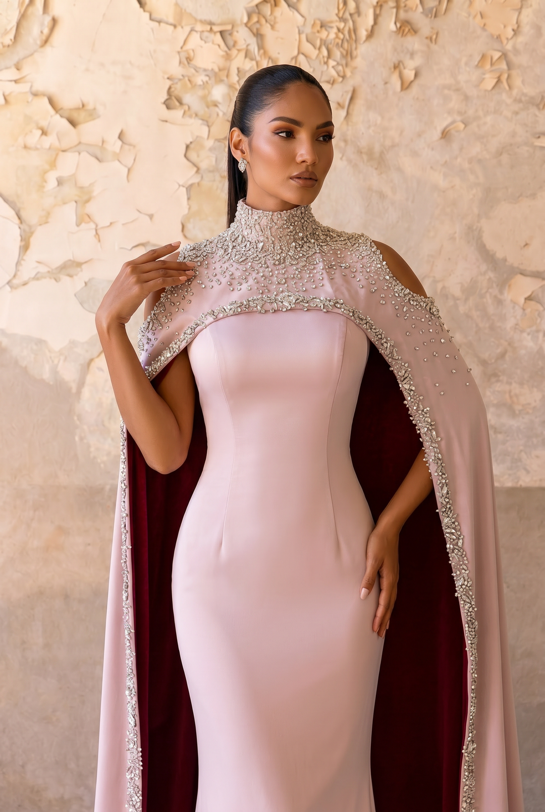 Blush Pink High Neck Mermaid Gown with Hand-Beaded Cape – Royal Couture Evening Dress Plus Size