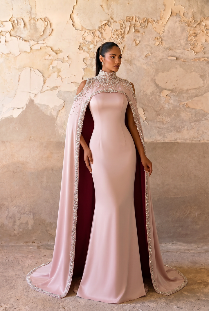 Blush Pink High Neck Mermaid Gown with Hand-Beaded Cape – Royal Couture Evening Dress Plus Size