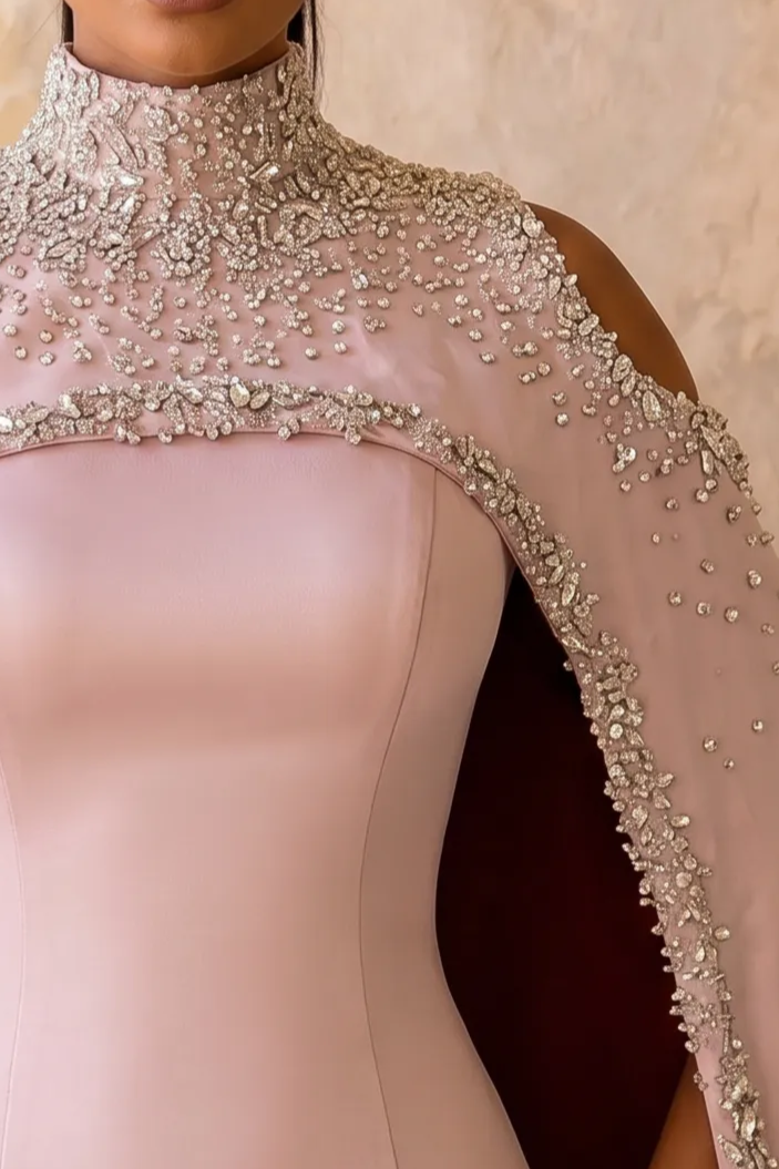 Blush Pink High Neck Mermaid Gown with Hand-Beaded Cape – Royal Couture Evening Dress Plus Size