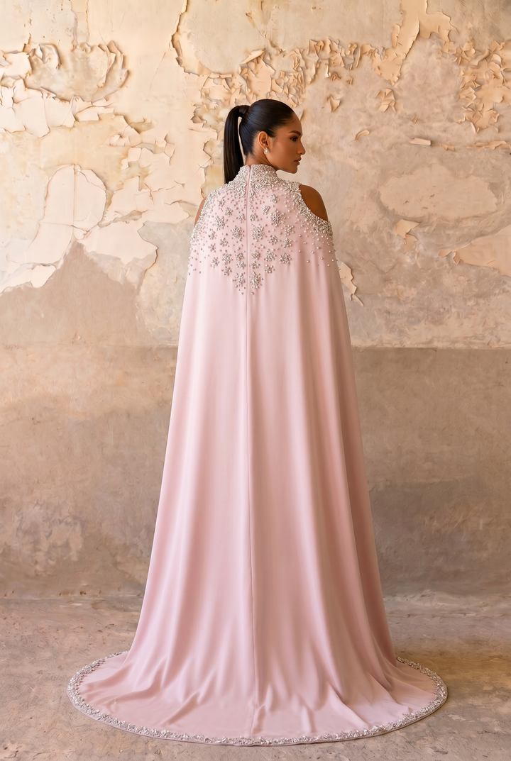 Blush Pink High Neck Mermaid Gown with Hand-Beaded Cape – Royal Couture Evening Dress Plus Size