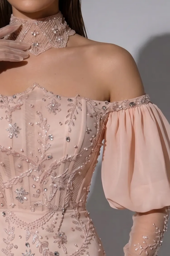 Blush Pink Off-the-Shoulder Mermaid Evening Gown with Chiffon Side Drape, Puff Sleeves and Hand-Beaded Embroidery Plus Size