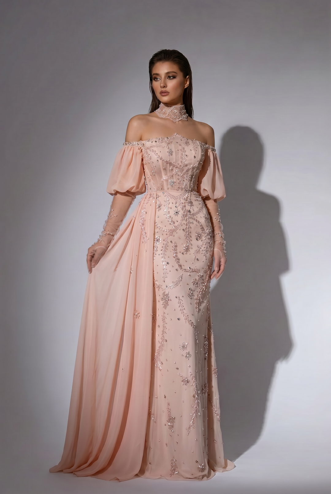 Blush Pink Off-the-Shoulder Mermaid Evening Gown with Chiffon Side Drape, Puff Sleeves and Hand-Beaded Embroidery Plus Size