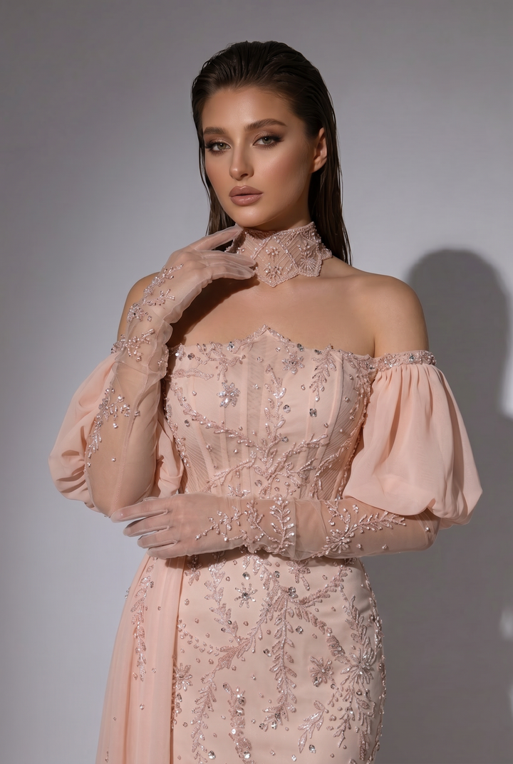 Blush Pink Off-the-Shoulder Mermaid Evening Gown with Chiffon Side Drape, Puff Sleeves and Hand-Beaded Embroidery Plus Size