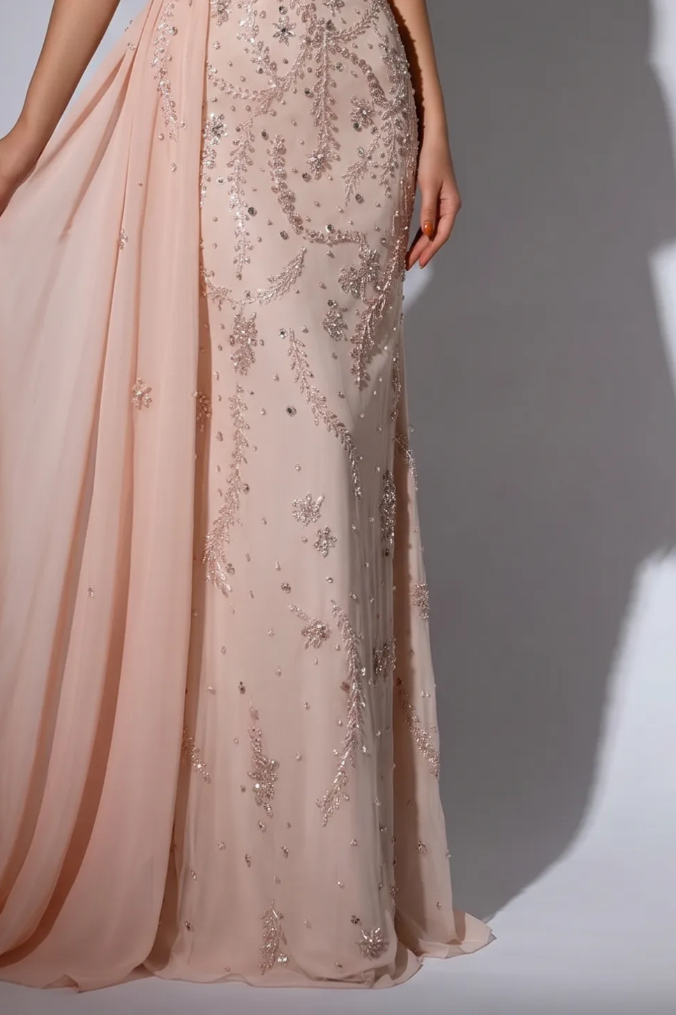 Blush Pink Off-the-Shoulder Mermaid Evening Gown with Chiffon Side Drape, Puff Sleeves and Hand-Beaded Embroidery Plus Size