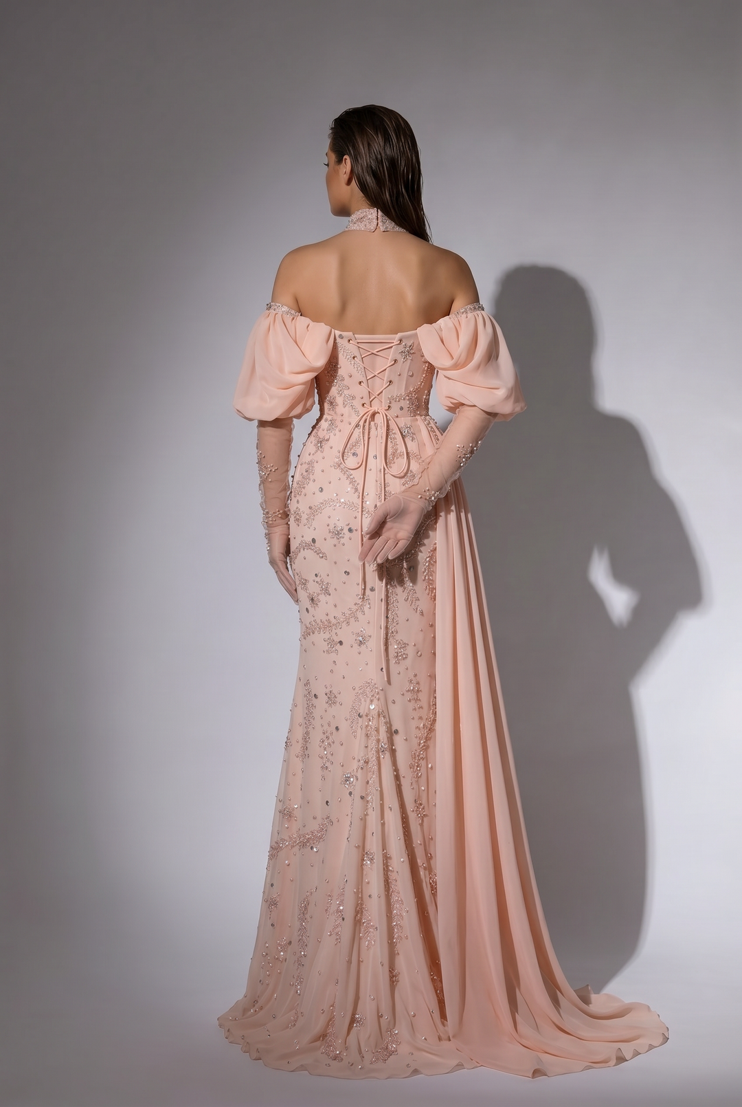 Blush Pink Off-the-Shoulder Mermaid Evening Gown with Chiffon Side Drape, Puff Sleeves and Hand-Beaded Embroidery Plus Size