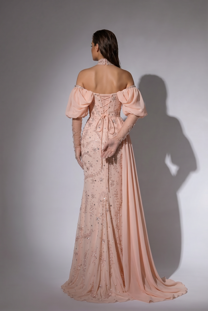 Blush Pink Off-the-Shoulder Mermaid Evening Gown with Chiffon Side Drape, Puff Sleeves and Hand-Beaded Embroidery Plus Size