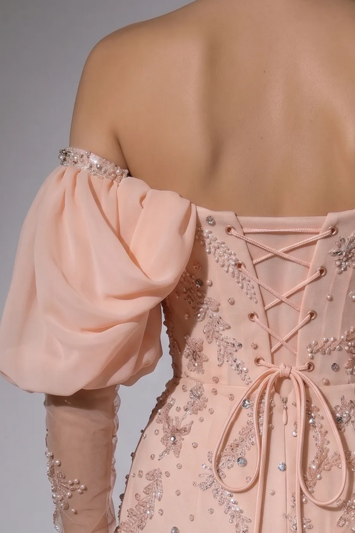 Blush Pink Off-the-Shoulder Mermaid Evening Gown with Chiffon Side Drape, Puff Sleeves and Hand-Beaded Embroidery Plus Size