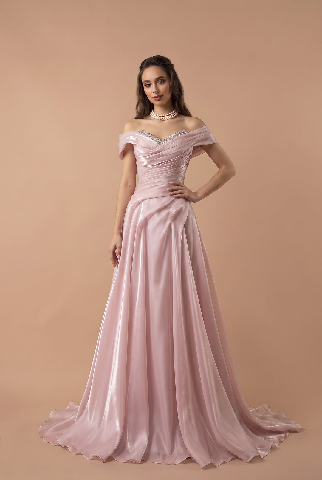 Blush Pink Off the Shoulder Satin Evening Dress with Draped Bodice and A-Line Skirt – Elegant Formal Gown Plus Size