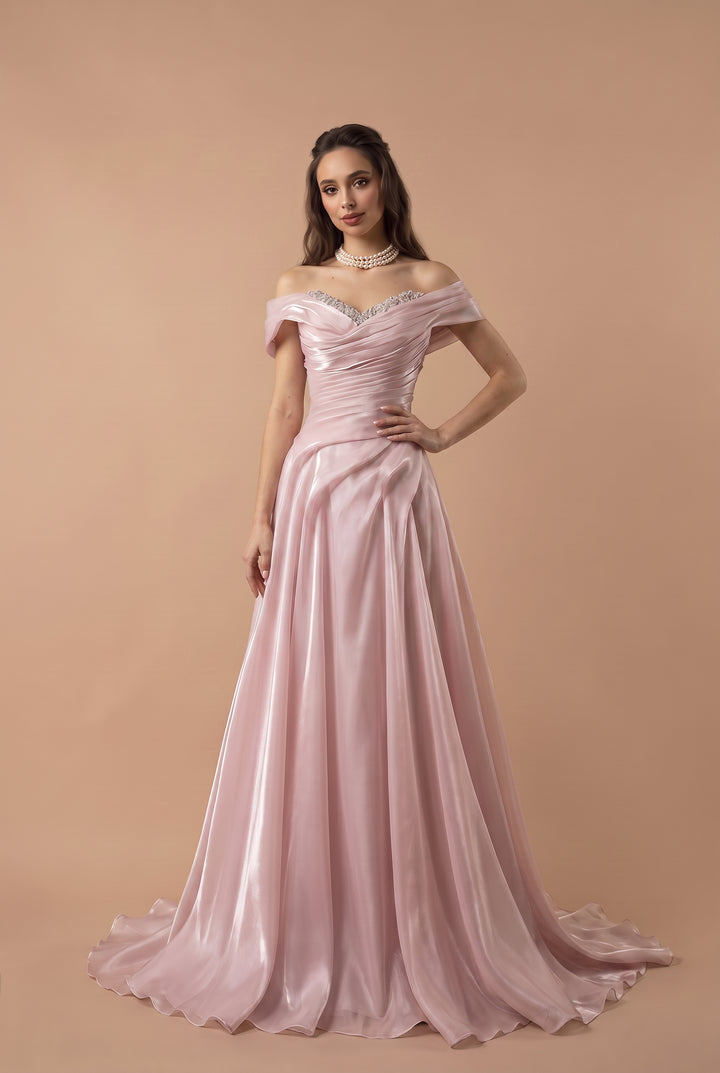 Blush Pink Off the Shoulder Satin Evening Dress with Draped Bodice and A-Line Skirt – Elegant Formal Gown Plus Size