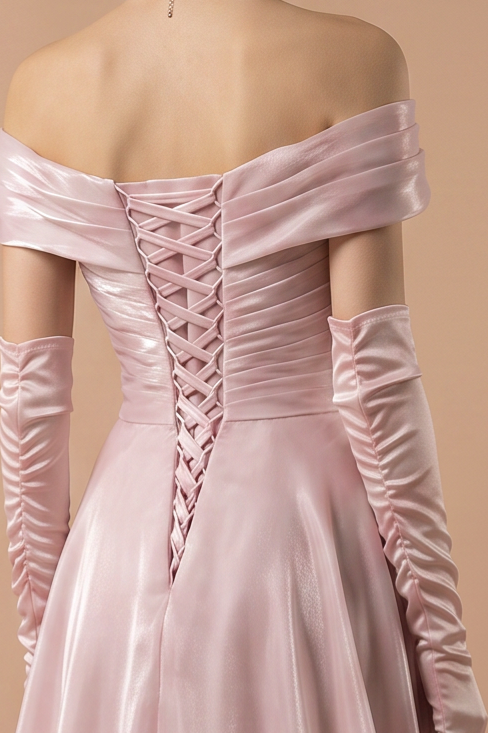 Blush Pink Off the Shoulder Satin Evening Dress with Draped Bodice and A-Line Skirt – Elegant Formal Gown Plus Size