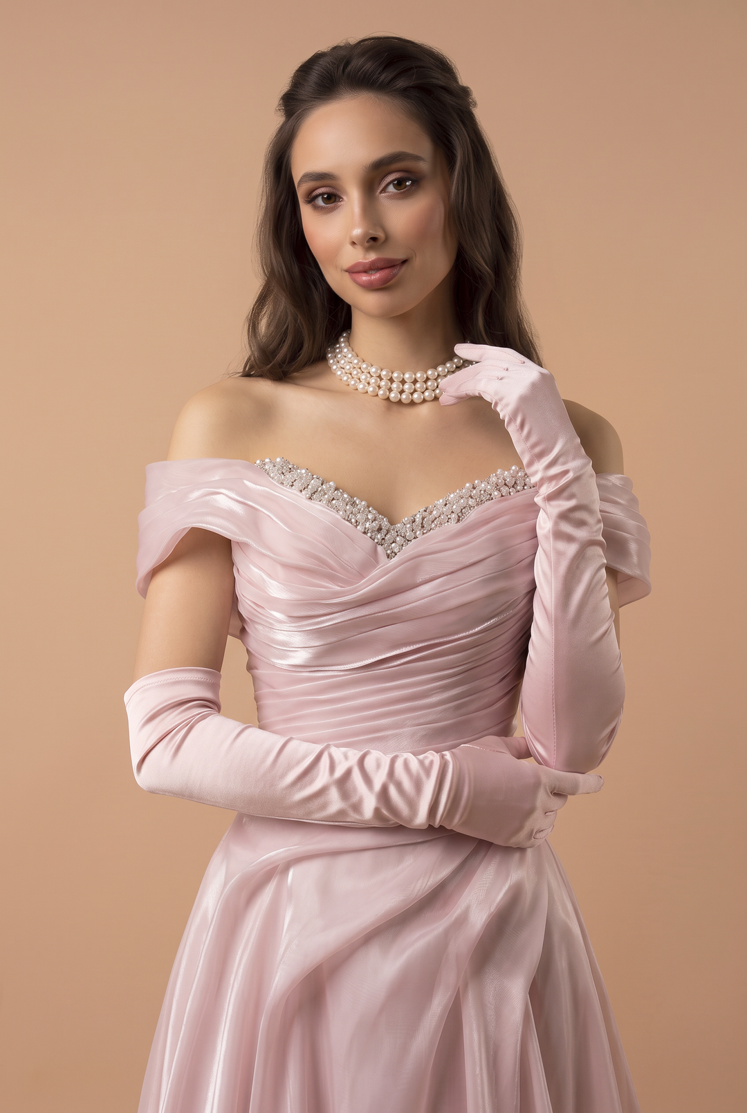 Blush Pink Off the Shoulder Satin Evening Dress with Draped Bodice and A-Line Skirt – Elegant Formal Gown Plus Size