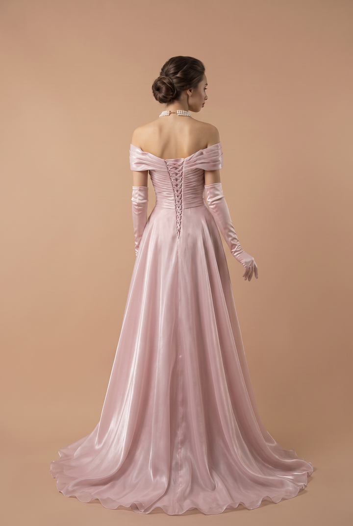 Blush Pink Off the Shoulder Satin Evening Dress with Draped Bodice and A-Line Skirt – Elegant Formal Gown Plus Size