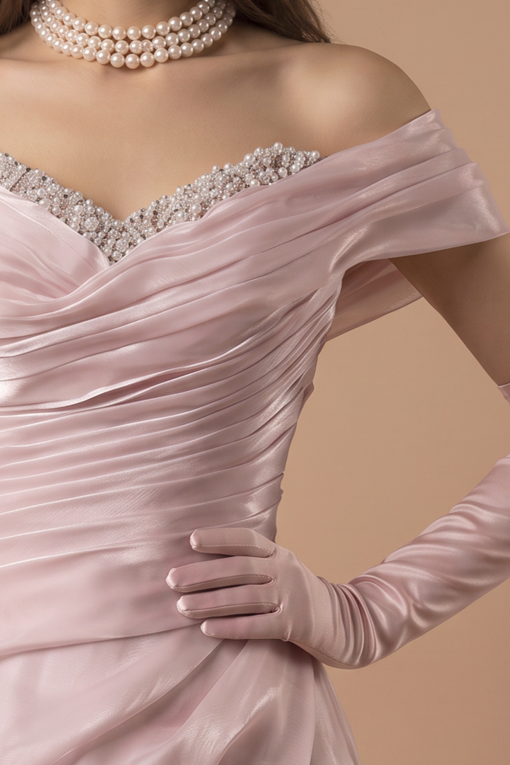 Blush Pink Off the Shoulder Satin Evening Dress with Draped Bodice and A-Line Skirt – Elegant Formal Gown Plus Size