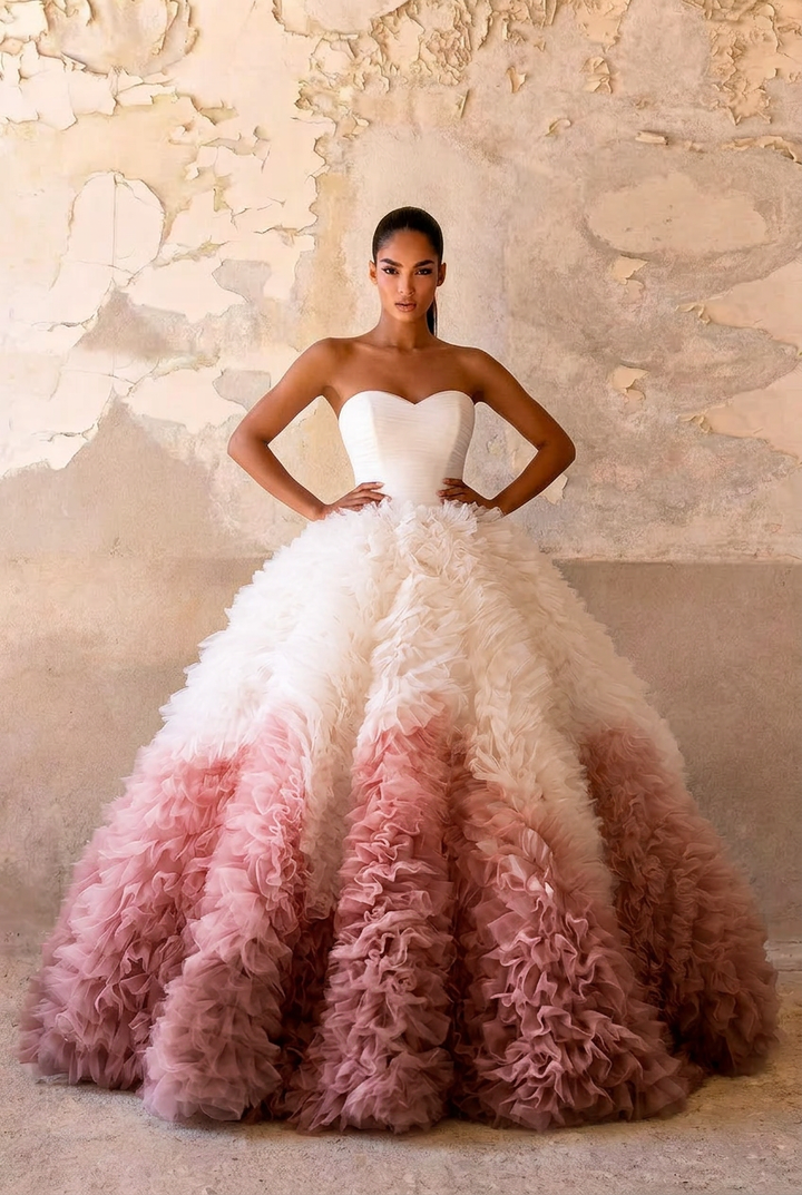 Blush Pink Ombre Ruffle Ball Gown with Strapless Corset Bodice Romantic Couture Princess Dress Fantasy Evening Gown Plus Size