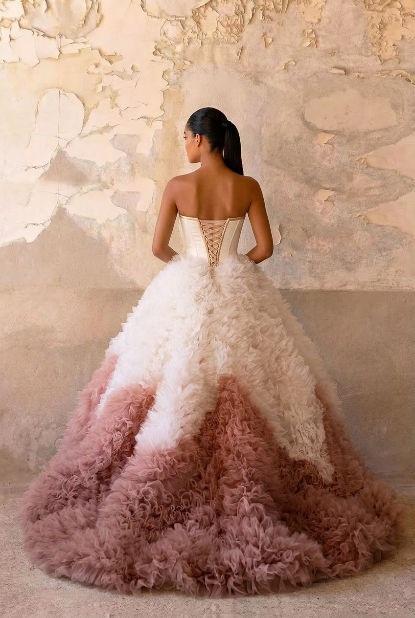 Blush Pink Ombre Ruffle Ball Gown with Strapless Corset Bodice Romantic Couture Princess Dress Fantasy Evening Gown Plus Size