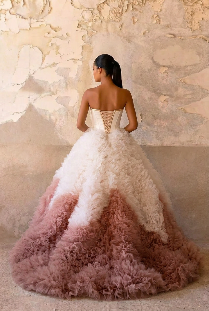 Blush Pink Ombre Ruffle Ball Gown with Strapless Corset Bodice Romantic Couture Princess Dress Fantasy Evening Gown Plus Size