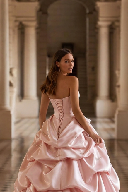 Blush Pink Satin Princess Ball Gown with Sculpted Tiered Skirt Strapless Corset Couture Evening Dress Romantic Formal Gown Plus Size