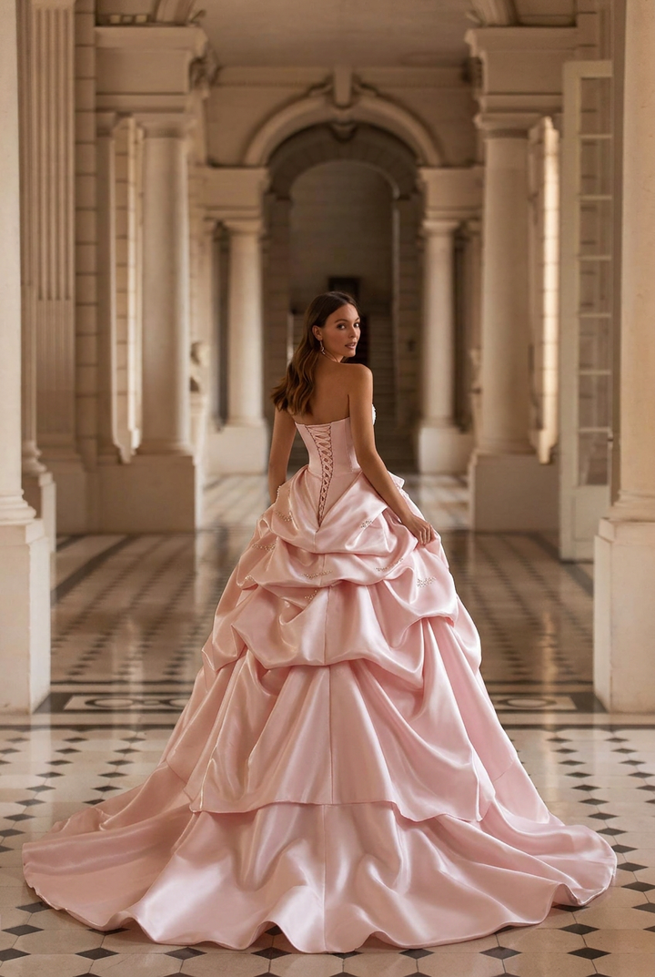 Blush Pink Satin Princess Ball Gown with Sculpted Tiered Skirt Strapless Corset Couture Evening Dress Romantic Formal Gown Plus Size