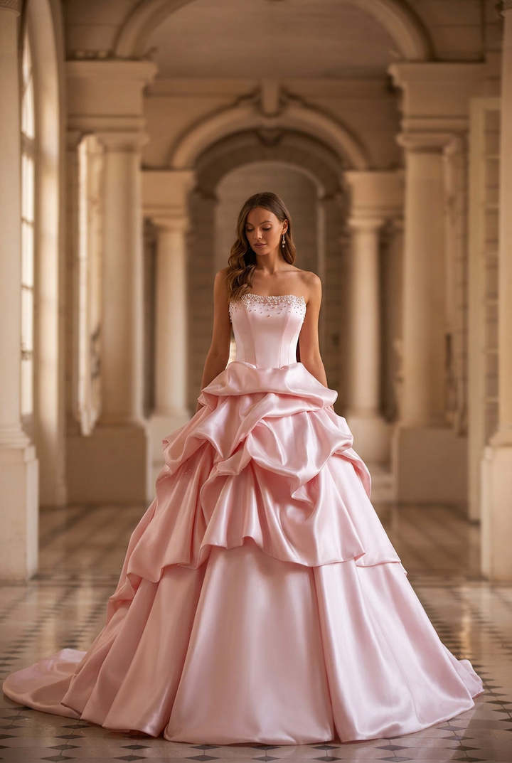 Blush Pink Satin Princess Ball Gown with Sculpted Tiered Skirt Strapless Corset Couture Evening Dress Romantic Formal Gown Plus Size