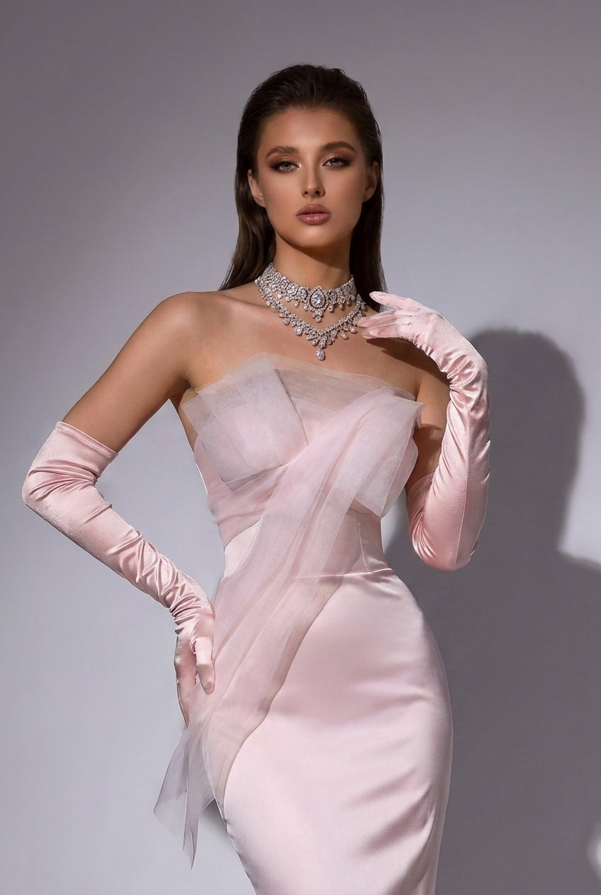 Blush Pink Strapless Satin Mermaid Evening Dress with Draped Tulle Overlay – Luxury Formal Gown Plus Size