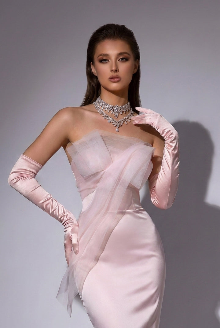 Blush Pink Strapless Satin Mermaid Evening Dress with Draped Tulle Overlay – Luxury Formal Gown Plus Size