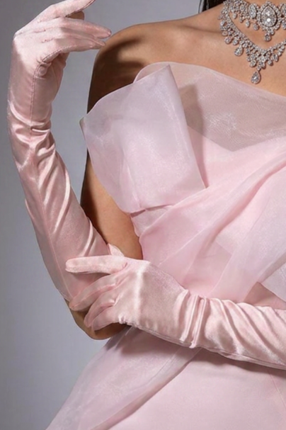 Blush Pink Strapless Satin Mermaid Evening Dress with Draped Tulle Overlay – Luxury Formal Gown Plus Size