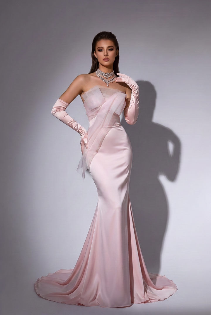 Blush Pink Strapless Satin Mermaid Evening Dress with Draped Tulle Overlay – Luxury Formal Gown Plus Size