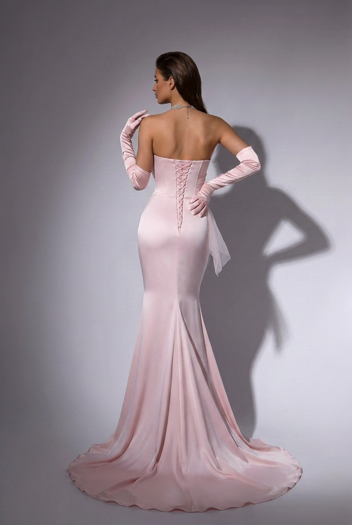 Blush Pink Strapless Satin Mermaid Evening Dress with Draped Tulle Overlay – Luxury Formal Gown Plus Size