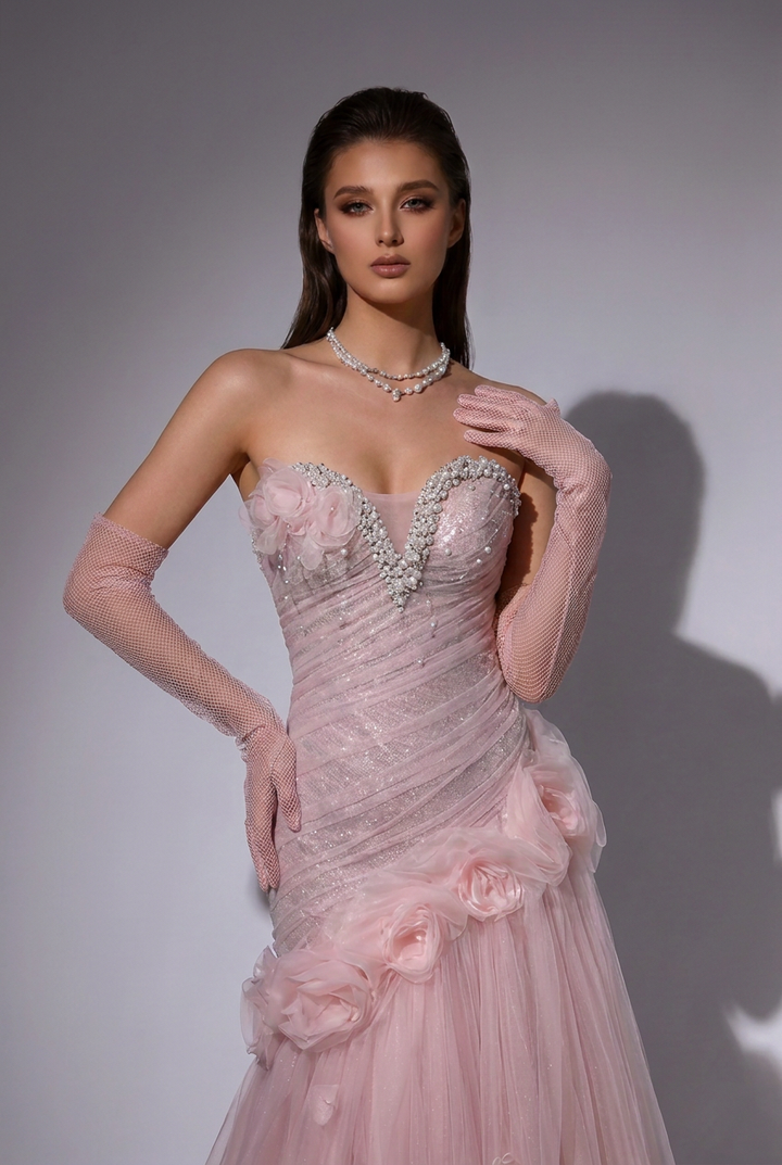 Blush Pink Strapless Tiered Tulle Evening Gown with 3D Floral Appliqué – Luxury Formal Dress with Corset Back Plus Size