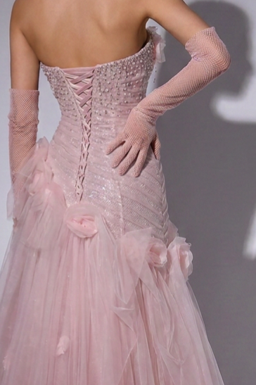 Blush Pink Strapless Tiered Tulle Evening Gown with 3D Floral Appliqué – Luxury Formal Dress with Corset Back Plus Size