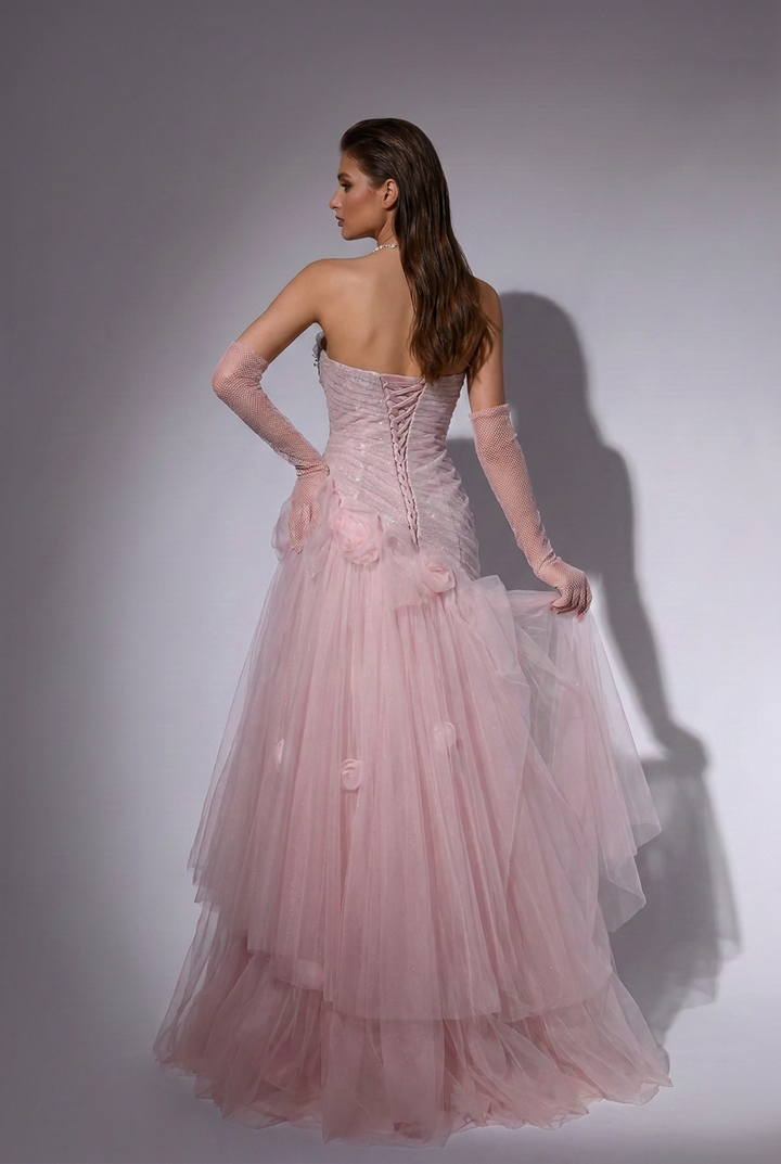 Blush Pink Strapless Tiered Tulle Evening Gown with 3D Floral Appliqué – Luxury Formal Dress with Corset Back Plus Size
